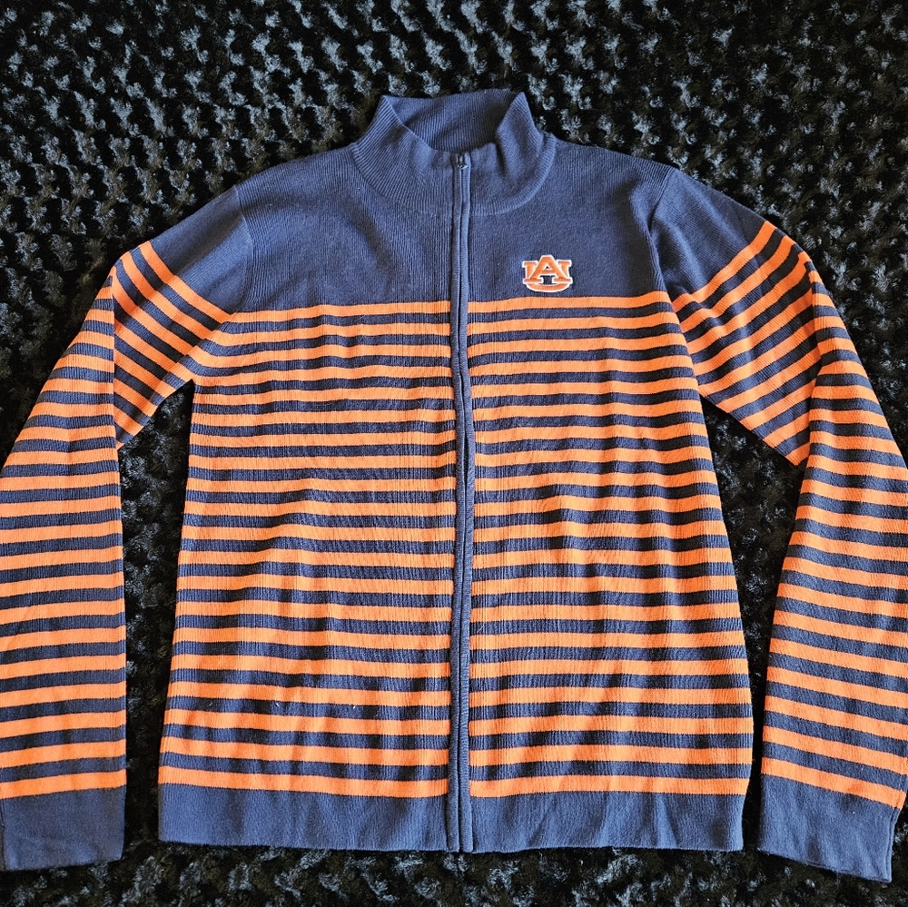 AUBURN Embroidered Orange Navy Striped Full Zip Sweater Size XL